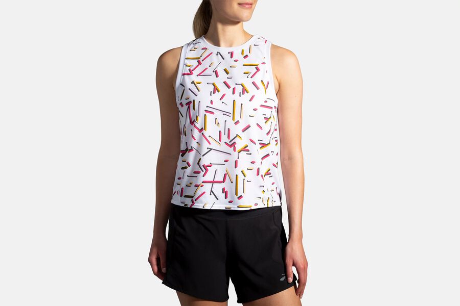 Womens Brooks Distance Graphic Tank Tops White/Confetti | 140586-TYH